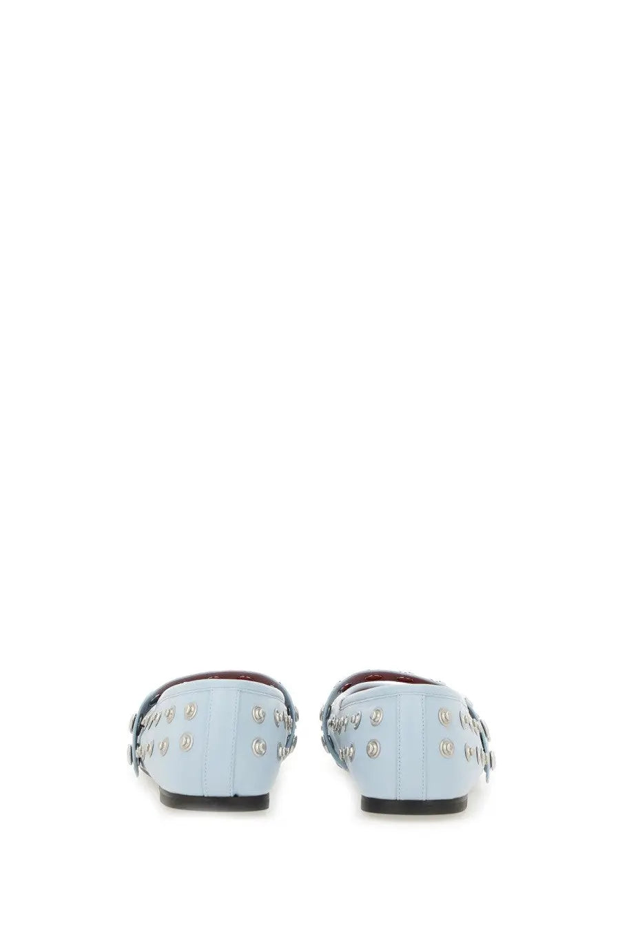 Light blue leather Stella McCartney womens Ryder ballerina mules with silver studs and decorative strap across instep