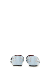 Light blue leather Stella McCartney womens Ryder ballerina mules with silver studs and decorative strap across instep
