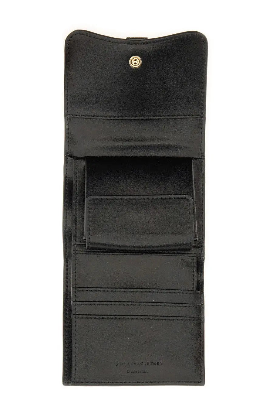 Black leather stella mccartney womens ryder tri fold wallet with gold-tone clasp and embossed brand name
