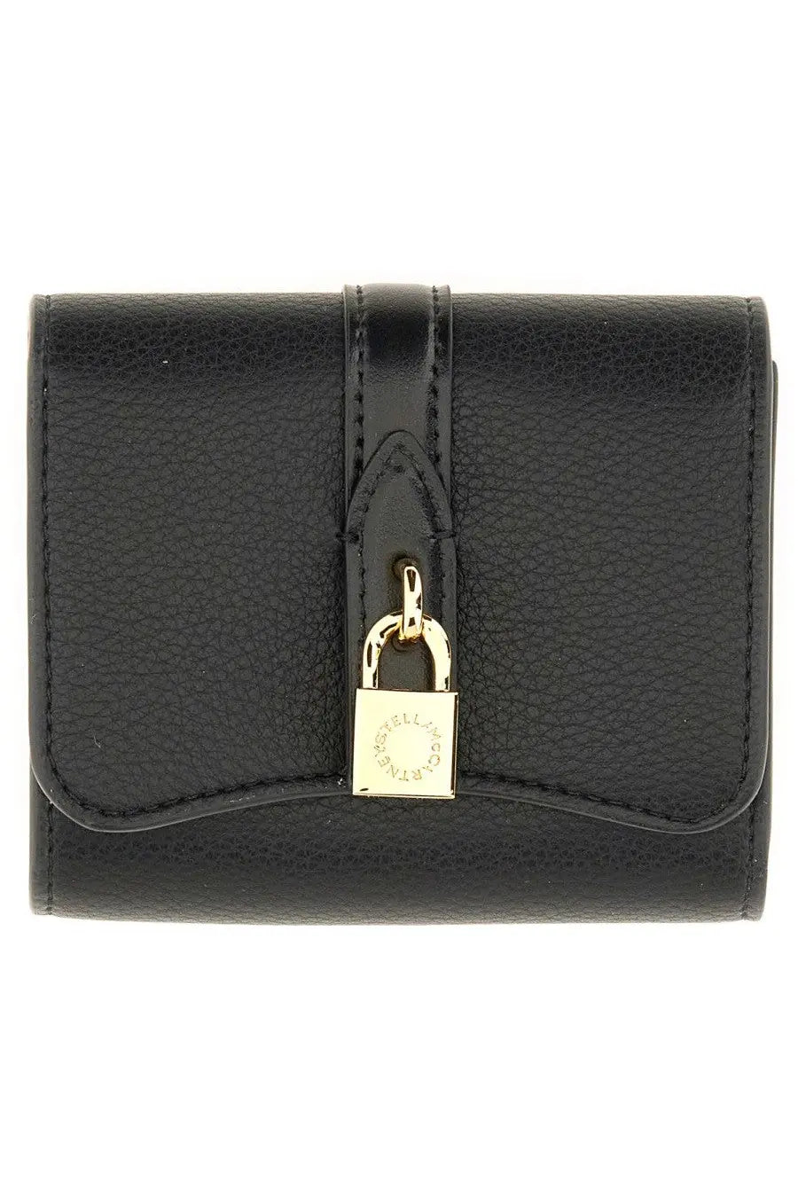 Stella McCartney women’s Ryder tri fold wallet in black textured leather with gold-tone padlock clasp