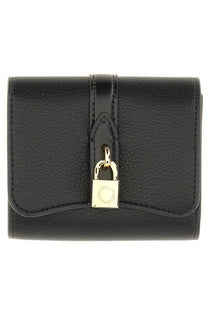 Stella McCartney women’s Ryder tri fold wallet in black textured leather with gold-tone padlock clasp