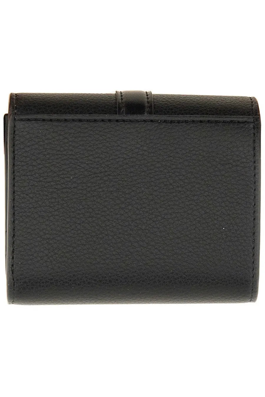 Black textured leather stella mccartney women’s ryder tri fold wallet with minimalist design and subtle edge stitching