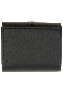 Black textured leather stella mccartney women’s ryder tri fold wallet with minimalist design and subtle edge stitching