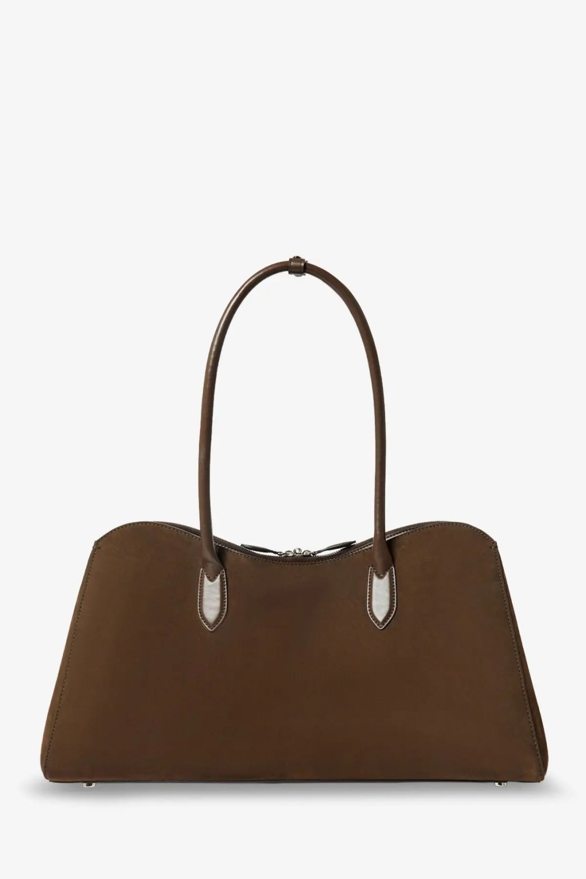 Stella McCartney women’s brown vegan suede handbag with silver-toned metal accents on handles and zipper pull