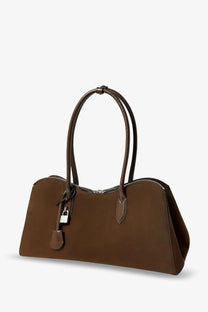 Stella McCartney women’s brown Ryder vegan suede handbag with dual handles and silver-toned padlock attachment
