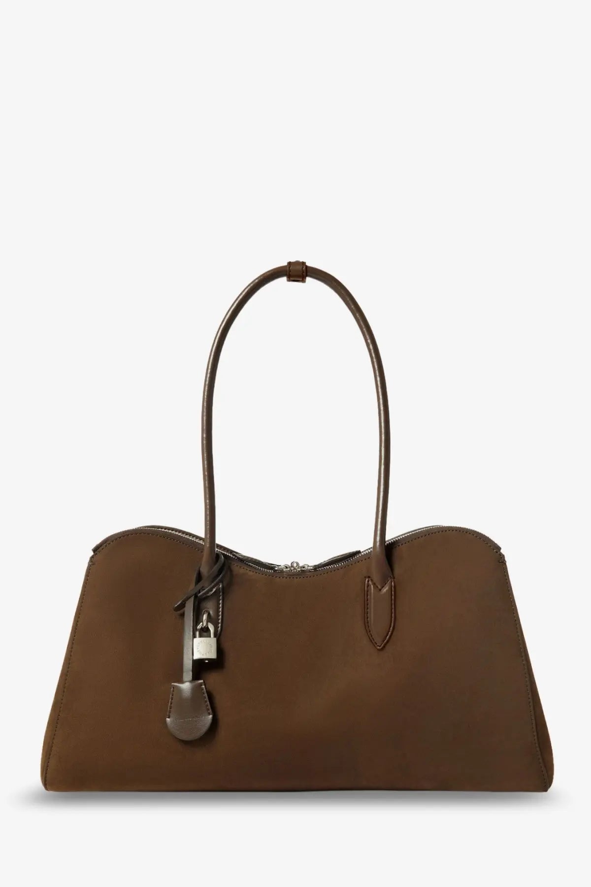 Stella McCartney women’s brown vegan suede tote bag with silver padlock and keychain attachment