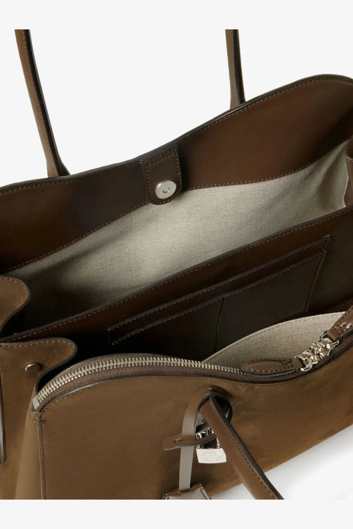 Brown leather tote bag with silver-toned zipper and hardware accents from Stella McCartney womens Ryder vegan suede collection