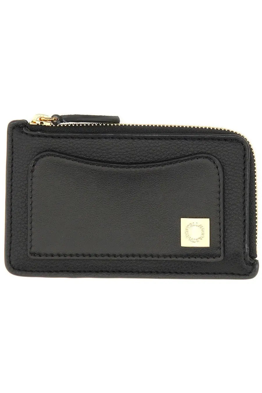 Stella McCartney women’s black leather zippered card case with gold-tone zipper and small square logo plaque