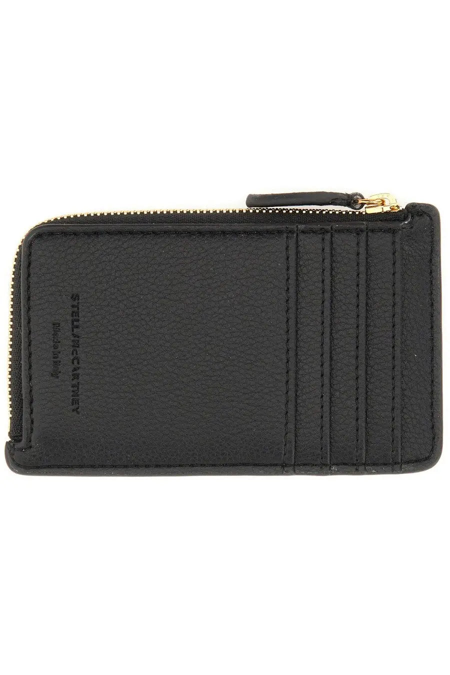 Black leather zippered card case with gold-tone zipper pull and embossed Stella McCartney brand name