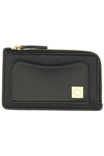 Stella McCartney women’s black leather zippered card case with gold-tone zipper and square logo plaque