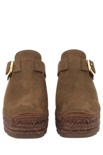 Stella McCartney women’s sabot Gaia brown brown suede espadrille clog sandals with gold buckle and braided rope soles
