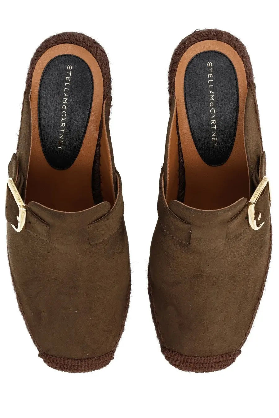 Stella mccartney women’s sabot gaia brown suede mules with gold-tone buckle accents and woven espadrille soles