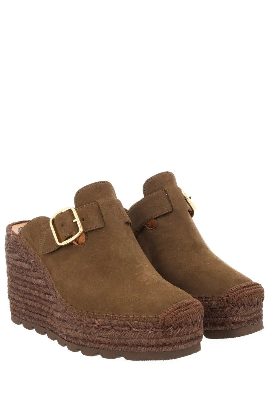 Stella mccartney women’s sabot gaia brown brown suede mules with woven espadrille wedge soles and gold buckle details