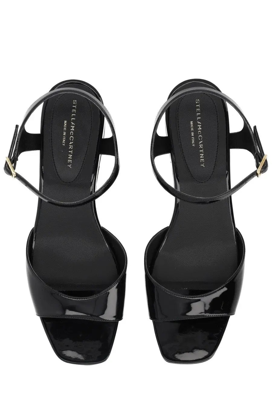 Stella mccartney women’s black patent leather wedge sandals with minimalist design and gold-tone buckle accents