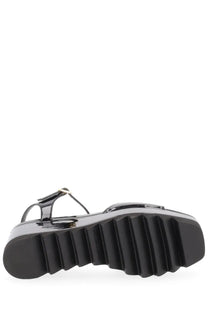 Stella mccartney women’s black patent leather platform sandal with glossy finish and ribbed sole
