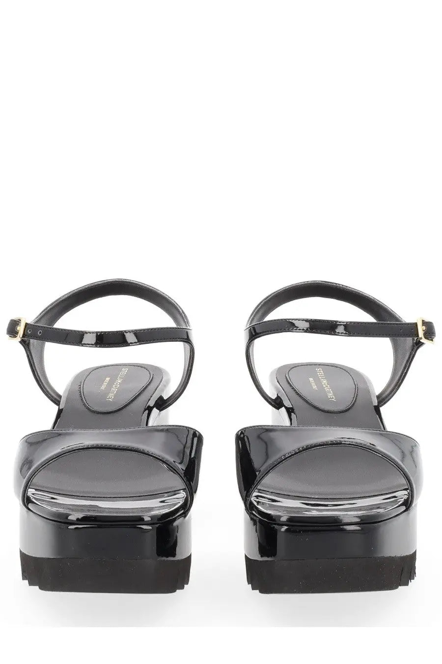 Stella McCartney women’s black patent leather platform sandals with glossy finish and gold-tone buckle details