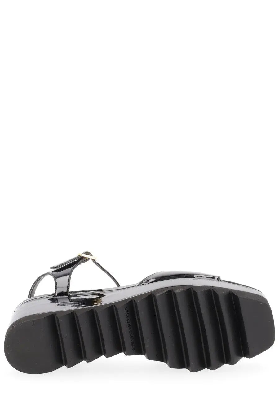 Stella McCartney women’s black patent leather platform sandal with glossy finish and ribbed sole in front view