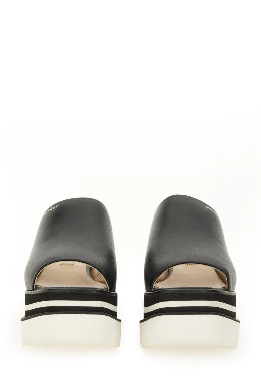 Stella mccartney women’s black leather platform sandals with white and black striped sole for stylish wear