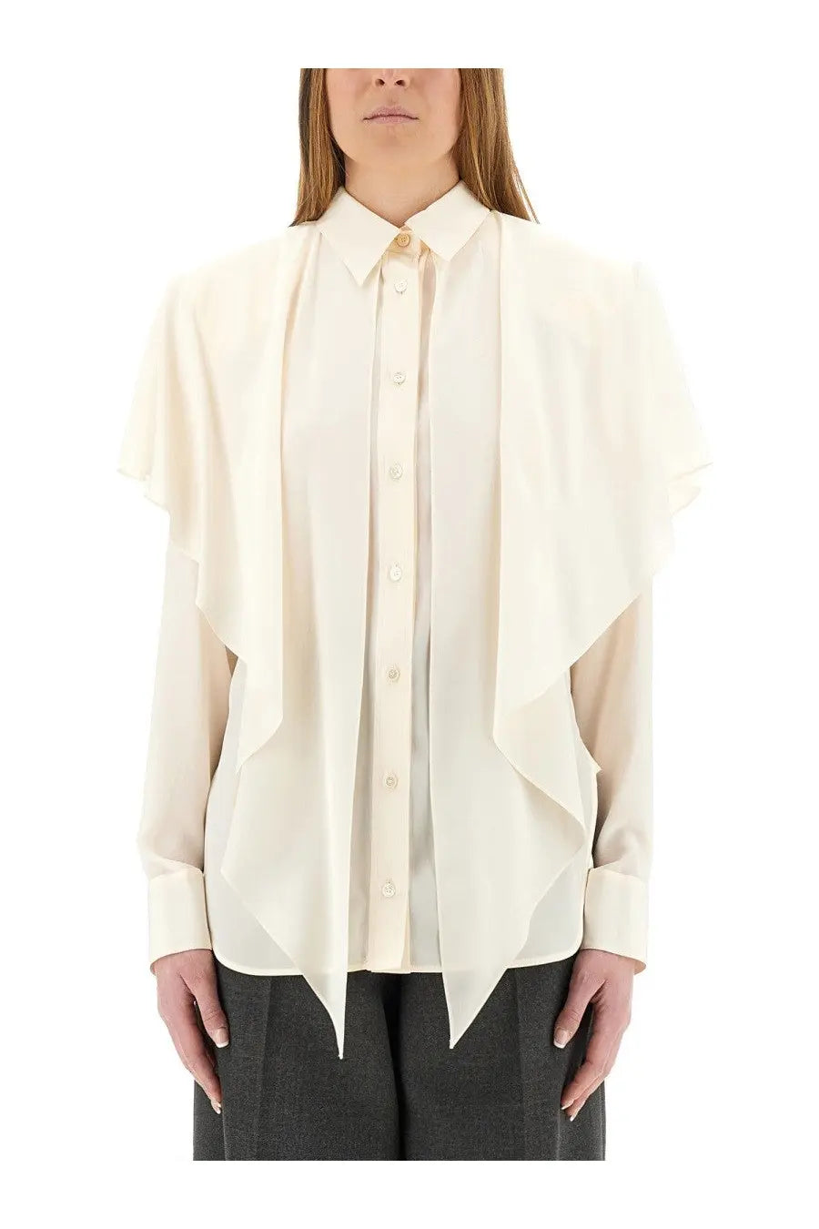 Stella McCartney women’s cream-colored lightweight silk blouse with flowing asymmetrical design and subtle front pleats