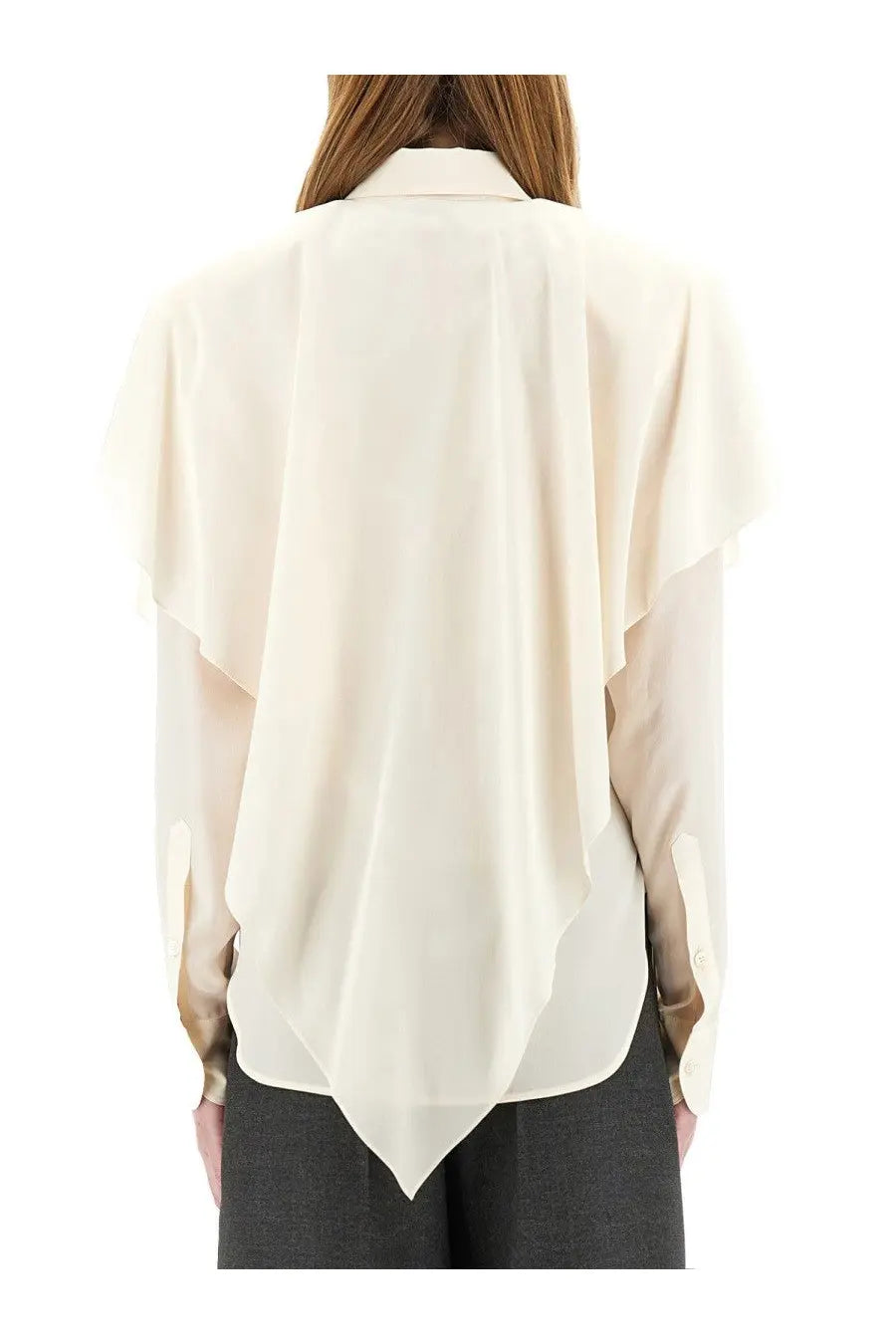 Stella McCartney women’s semi transparent cream-colored blouse with layered flowing design and gold-toned cuff accents