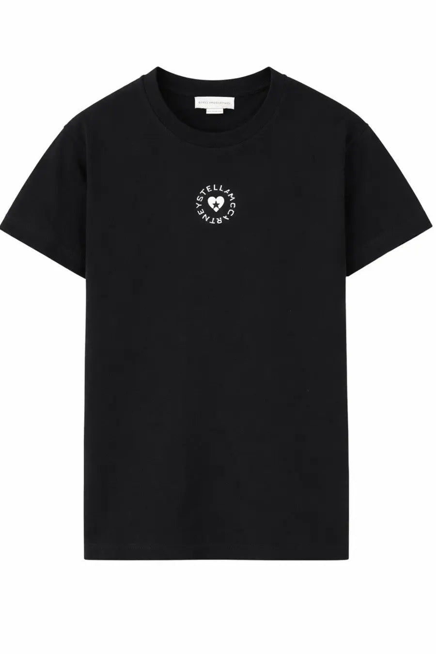 Black cotton Stella McCartney women’s t-shirt with white circular logo featuring the text stellam c