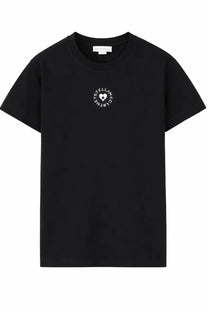 Black cotton Stella McCartney women’s t-shirt with white circular logo featuring the text stellam c