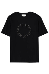 Black short-sleeved stella mccartney women’s shirt with circular logo embroidered in sparkling rhinestones