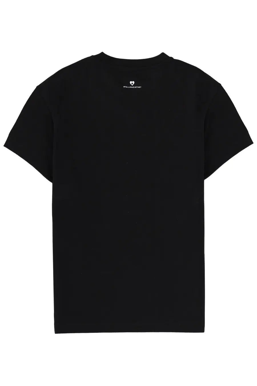 Black short-sleeved shirt by Stella McCartney with a small white logo at the neckline