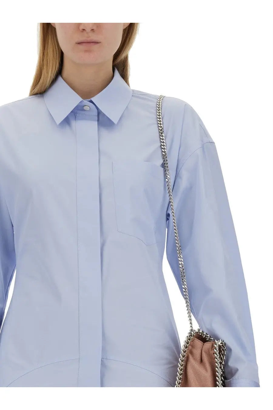 Light blue cotton button-down shirt with classic collar and front placket from Stella McCartney women’s shirt dress blue