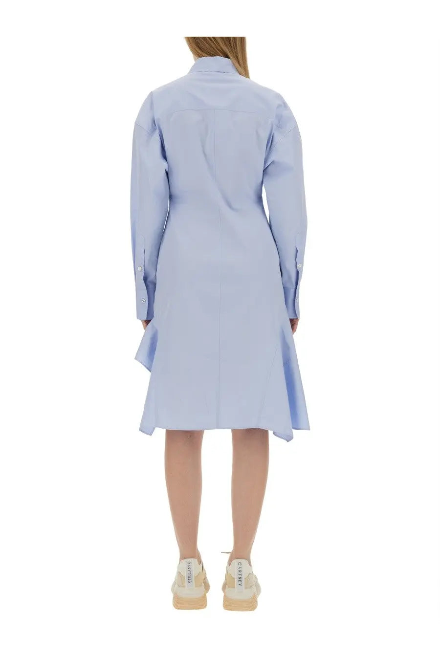 Stella McCartney women’s light blue long-sleeved shirt dress with collar and asymmetrical hemline