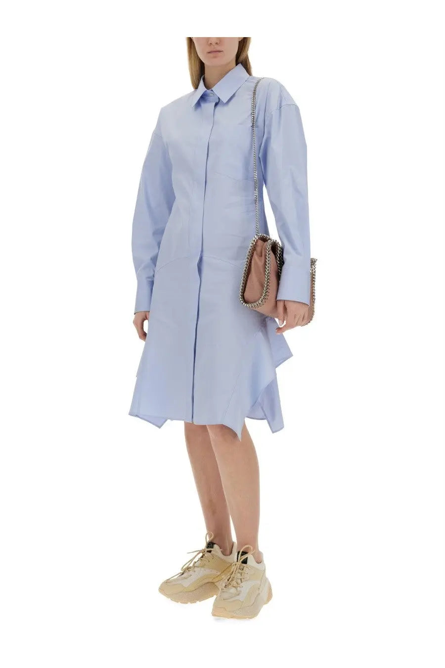 Stella McCartney women’s light blue long-sleeved shirt dress with collar and asymmetrical hemline