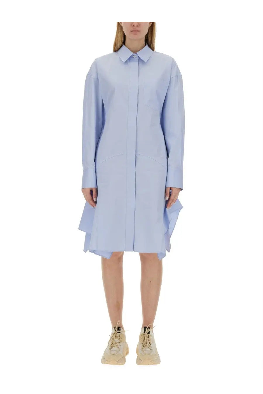 Stella McCartney women’s light blue long-sleeved shirt dress with collar and asymmetrical hemline