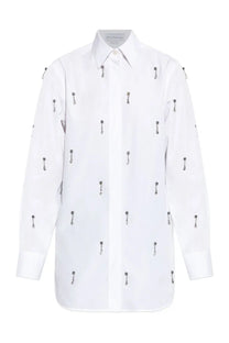Stella McCartney women’s white button-down shirt with black zipper embellishments on front made of cotton blend