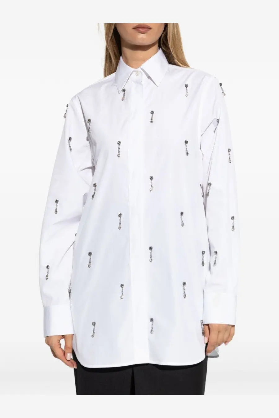 Stella McCartney women’s white button-down shirt with silver key-shaped embellishments across the fabric