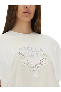 White stella mccartney women’s t-shirt featuring delicate lace appliqué across the chest for a stylish look