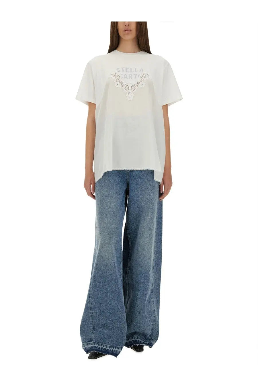 White stella mccartney women’s t-shirt with silver floral and text graphic on chest in soft cotton fabric