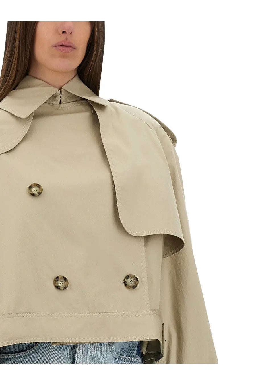 Stella McCartney women’s short beige trench coat with double-breasted front, metallic buttons, and structured collar
