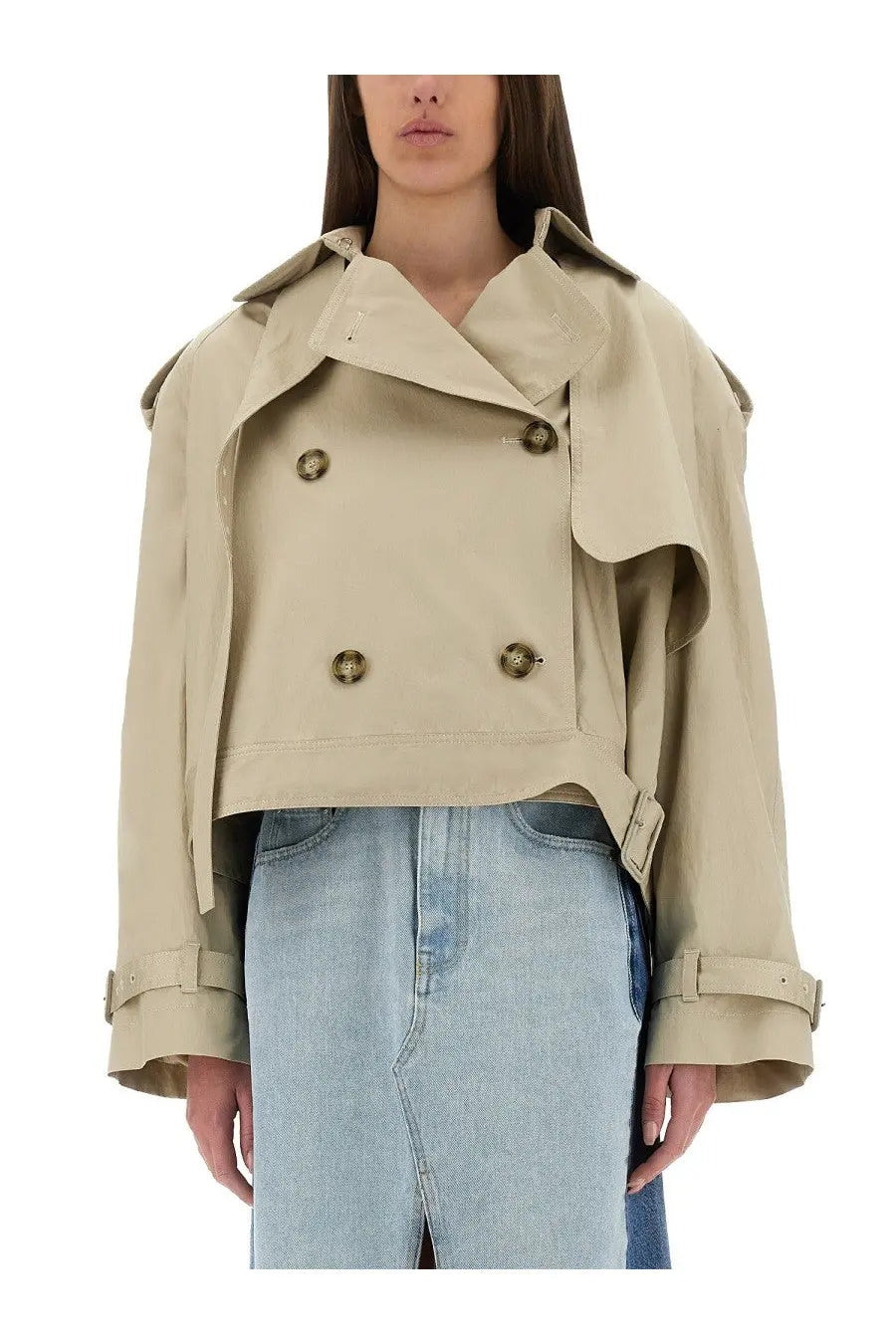 Stella McCartney women’s beige short double-breasted trench coat with gold-toned buttons and adjustable cuffs
