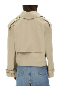 Beige stella mccartney women’s short trench coat with structured shoulders and adjustable cuffs made from premium material