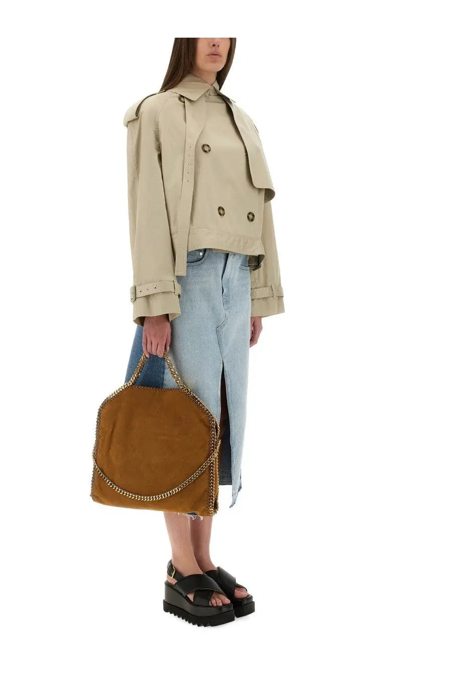 Tan suede handbag with gold-tone chain handles and curved stitched edge design paired with stella mccartney beige trench coat