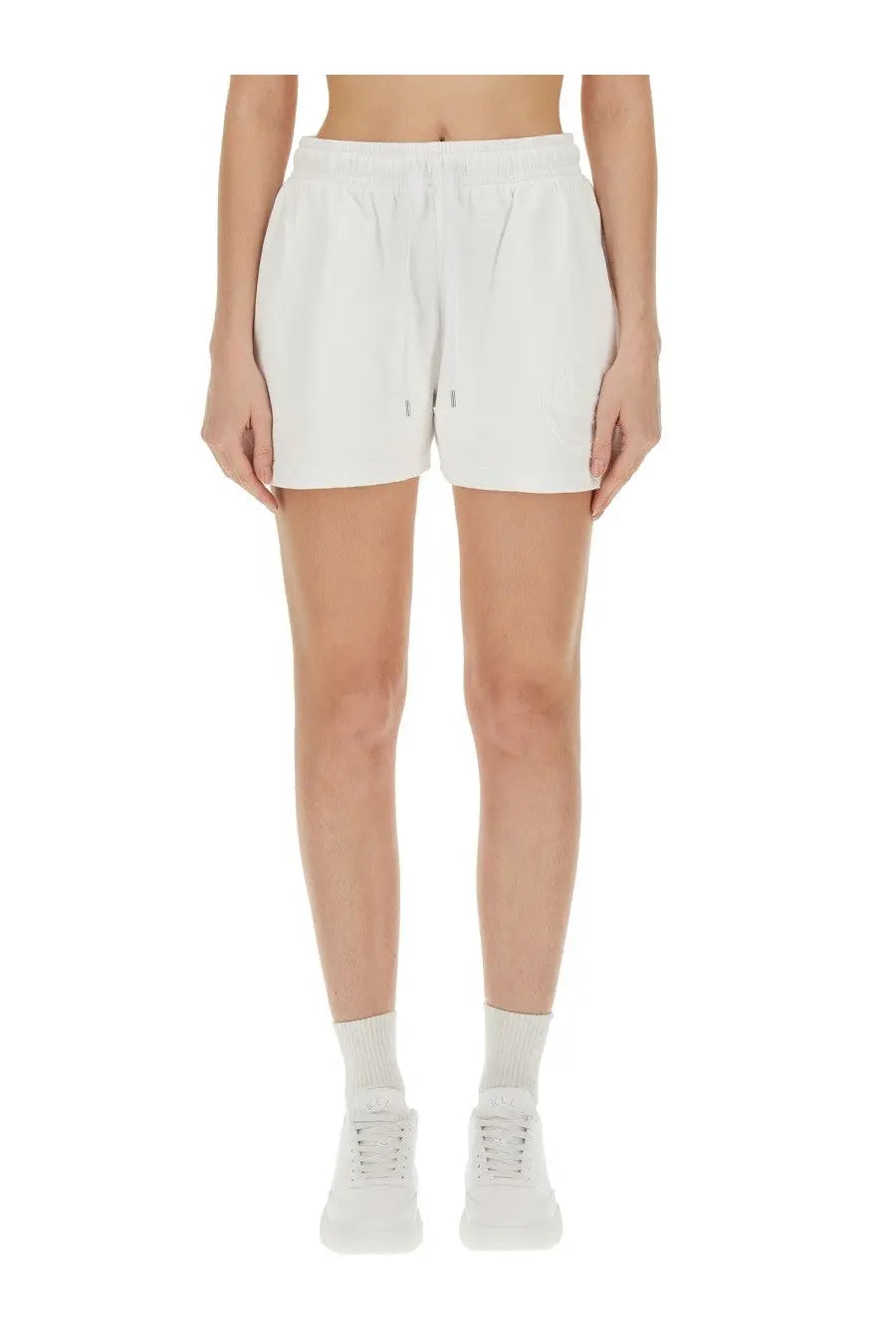 Stella McCartney women’s white drawstring shorts with relaxed fit and subtle side pockets in lightweight fabric