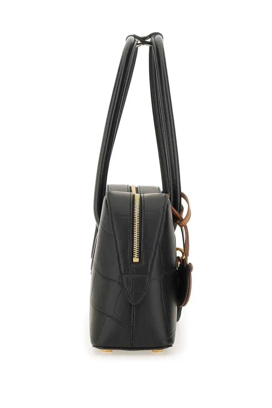 Stella McCartney women’s shoulder bag medium black with black crocodile embossed leather gold zipper brown strap