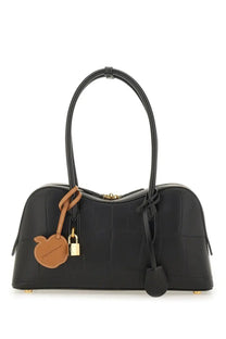 Stella McCartney women’s shoulder bag medium black with black crocodile-embossed leather gold hardware and tan apple charm