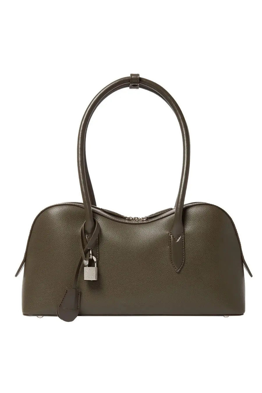 Stella McCartney women’s shoulder bag Ryder medium in olive green pebbled leather with curved handles and silver padlock charm