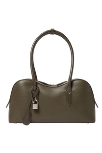 Stella McCartney women’s shoulder bag Ryder medium in olive green pebbled leather with curved handles and silver padlock charm