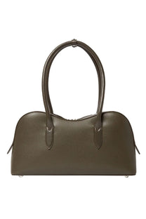 Stella mccartney women’s shoulder bag ryder medium green olive green pebbled leather satchel with curved handles and silver hardware