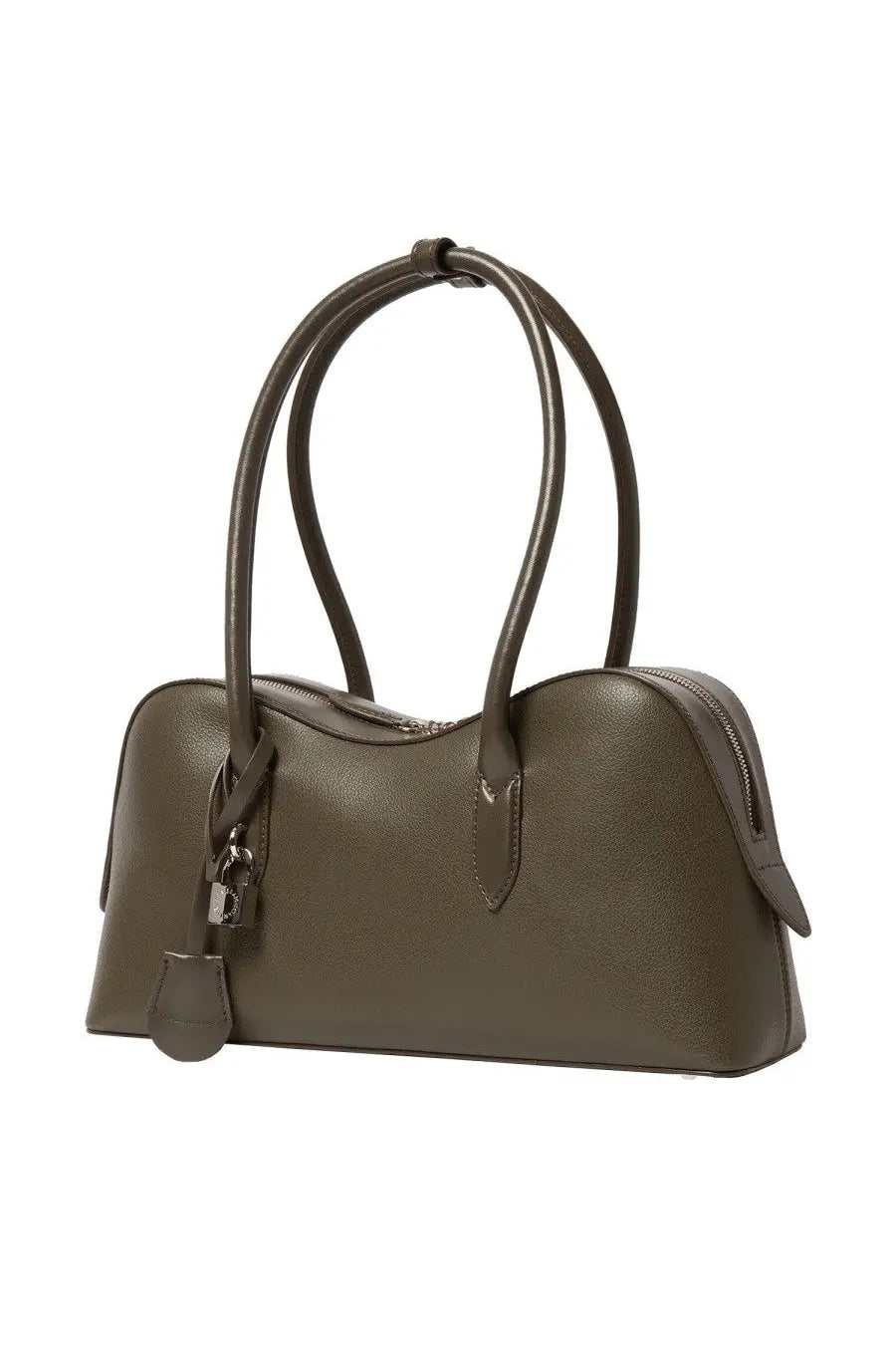 Stella McCartney women’s olive green pebbled leather shoulder bag Ryder medium with curved handles and lock closure
