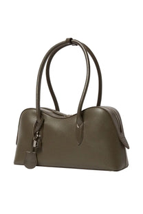 Stella McCartney women’s olive green pebbled leather shoulder bag Ryder medium with curved handles and lock closure