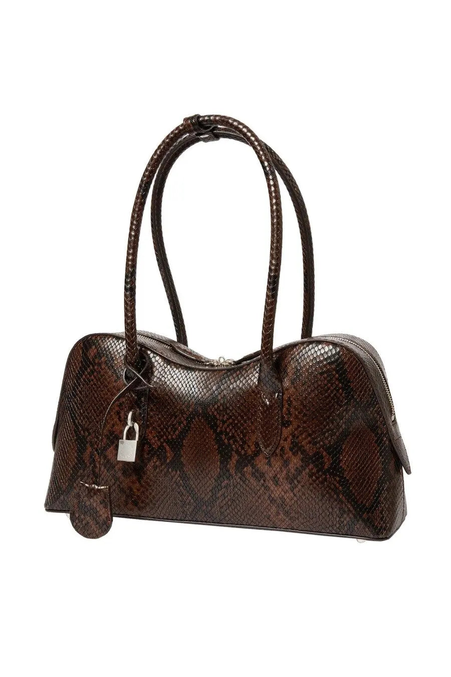 Stella McCartney women’s medium shoulder bag in brown snake print with braided handles and silver padlock charm