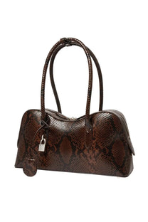 Stella McCartney women’s medium shoulder bag in brown snake print with braided handles and silver padlock charm